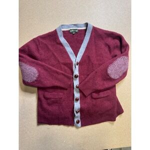 Orvis womens XL Lambswool Cardigan Sweater Burgundy Grey Elbow Patches RN70534